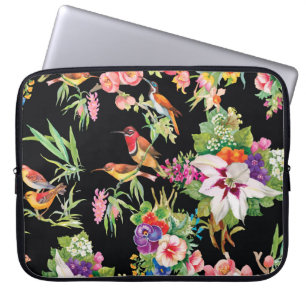Housse Pour Ordinateur Portable Fleurs d'oiseaux sauvages : Noir Vintage