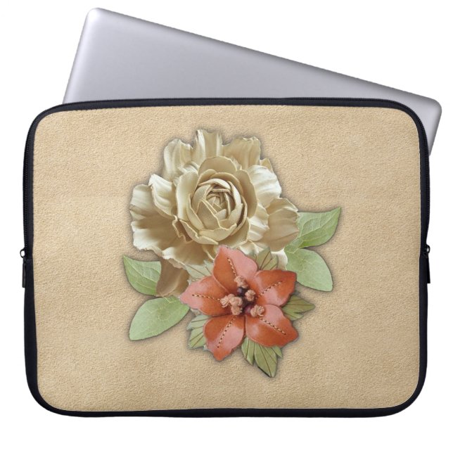Housse Pour Ordinateur Portable Fleurs en cuir sur daim crème (Devant)