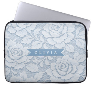 Housse Pour Ordinateur Portable Fleurs en dentelle bleue personnalisées Élégant Ro