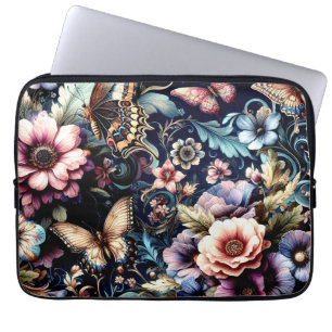 Housse Pour Ordinateur Portable Fleurs et papillons de printemps antiques