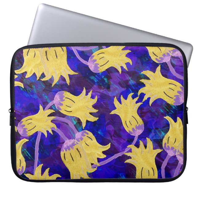 Housse Pour Ordinateur Portable Fleurs jaunes : aquarelle arrière - plan foncée (Devant)