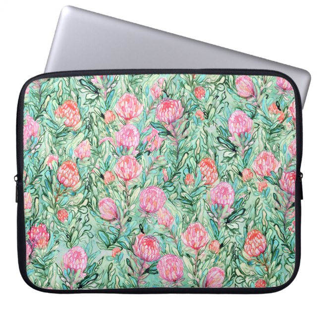 Housse Pour Ordinateur Portable Fleurs roses, vert sauge, sans soudure. (Devant)