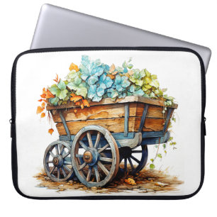 Housse Pour Ordinateur Portable Fleurs sauvages vintage dans un chariot en bois