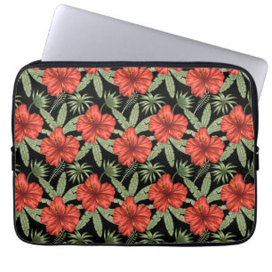 Housse Pour Ordinateur Portable Fleurs tropicales rouges sans coutures motif vert
