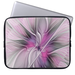 Housse Pour Ordinateur Portable Floral Fractal moderne Fleur Abstraite rose gris