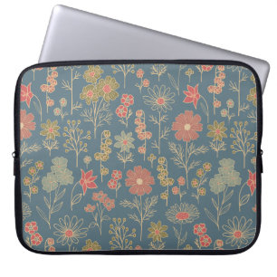 Housse Pour Ordinateur Portable Floral moderne Denim Blue & Coral