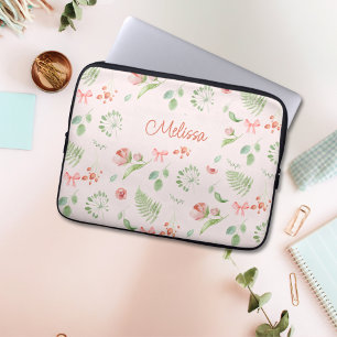Housse Pour Ordinateur Portable Floral rose moderne de charme avec nom