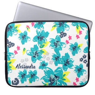 Housse Pour Ordinateur Portable Floral tropical Personnalisé Turquoise & rose