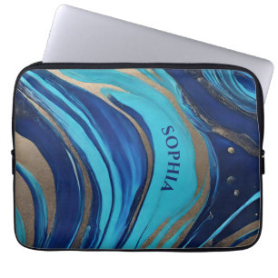 Housse Pour Ordinateur Portable Flux Abstrait moderne Art- Bleu et Or-