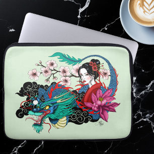 Housse Pour Ordinateur Portable Géisha asiatique dragon fleurs de cerisier bleu
