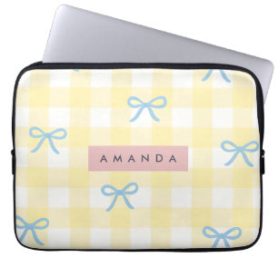 Housse Pour Ordinateur Portable Gingham Jaune Personnalisé & Nœud Bleu Pastel