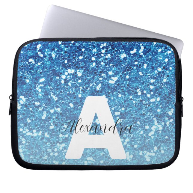 Housse Pour Ordinateur Portable Girly Blue Glitter Sparkles Monogram Script Name (Devant)