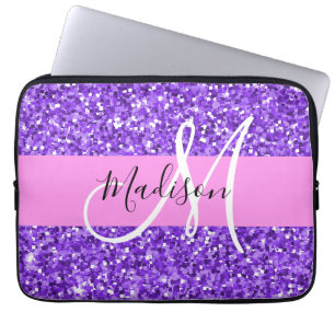 Housse Pour Ordinateur Portable Glamour Violet & Rose Paillettes Étincelles Monogr