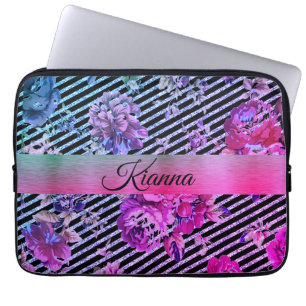 Housse Pour Ordinateur Portable Glittery Stripe Hot rose et Turquoise Floral