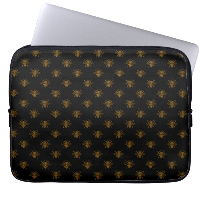 Housse Pour Ordinateur Portable Gold Metallic Foil Bees on Black (Devant)