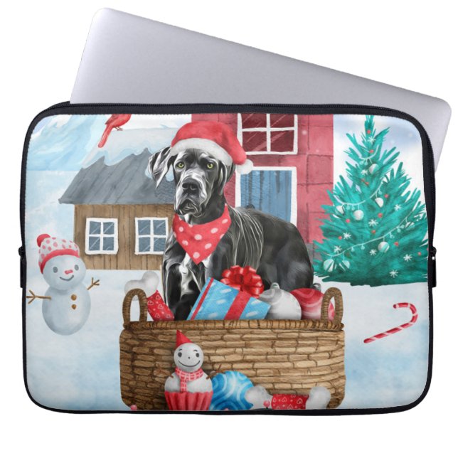Housse Pour Ordinateur Portable Grand chien Danois dans la neige Maison de chien d (Devant)