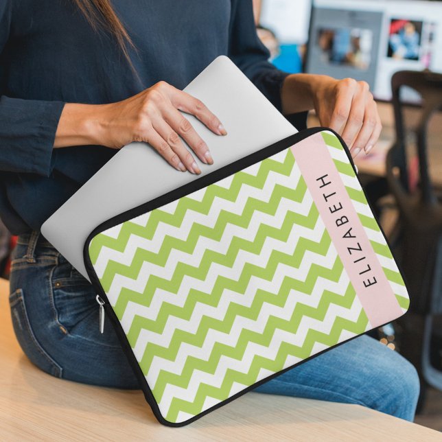 Housse Pour Ordinateur Portable Green Zigzag, Green Chevron, Votre Nom (Créateur téléchargé)