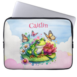 Housse Pour Ordinateur Portable Grenouille, fleurs et papillons personnalisés