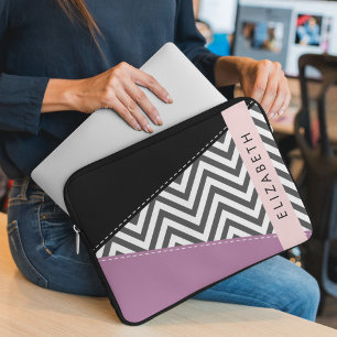 Housse Pour Ordinateur Portable Grey Zigzag, Grey Chevron, Purple, Votre Nom