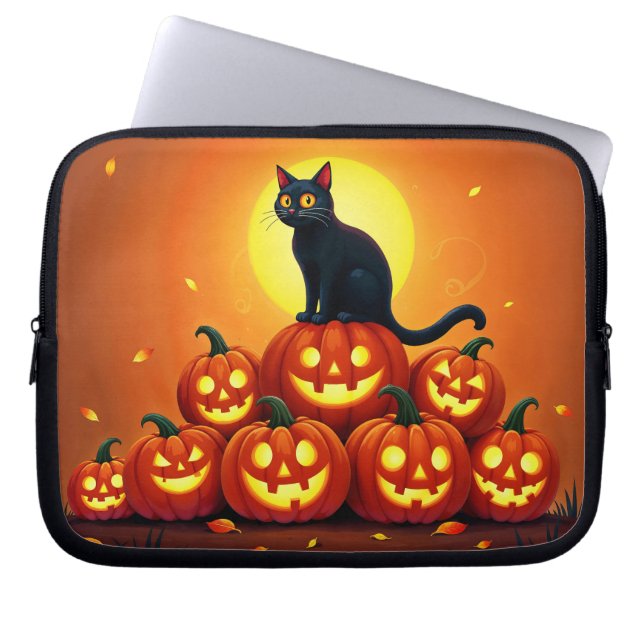 Housse Pour Ordinateur Portable Halloween chat noir mignon et lanternes Jack (Devant)