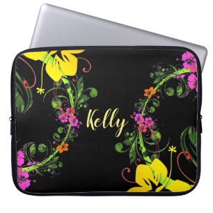 Housse Pour Ordinateur Portable Hibiscus floral tropical noir rose jaune vert