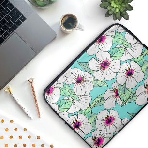 Housse Pour Ordinateur Portable Hibiscus tropical rose et blanc Motif floral