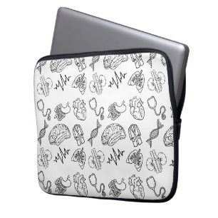 Housse Pour Ordinateur Portable Icônes Médicales Minimalistes Noir et Blanc Doodle