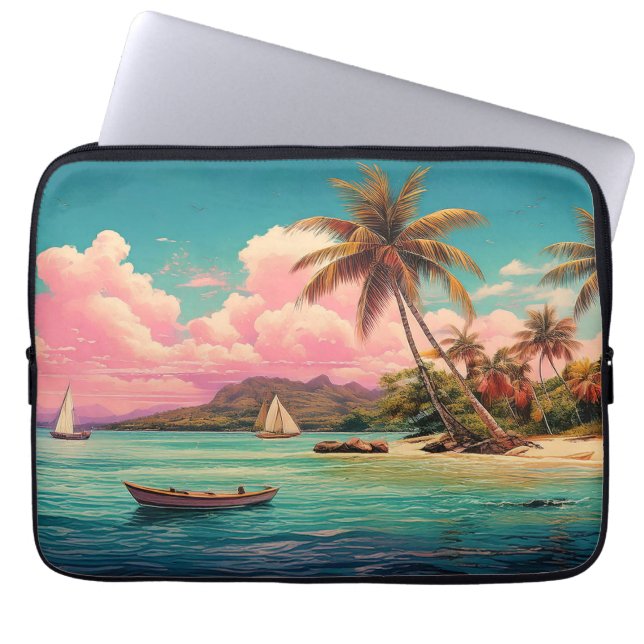 Housse Pour Ordinateur Portable Ile vintage hawaïenne, palmier, bateau, rose (Devant)