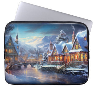 Housse Pour Ordinateur Portable Illustration du village d'hiver
