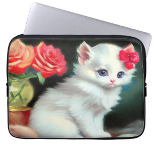 Housse Pour Ordinateur Portable Illustration vintage de Kitten blanc avec fleurs r