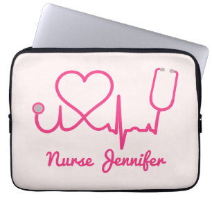 Housse Pour Ordinateur Portable Infirmière personnalisée rose Nom Stethoscope Coeu