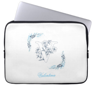 Housse Pour Ordinateur Portable Initiale "V" Monogramme bleu Calme Floral