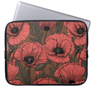 Housse Pour Ordinateur Portable Jardin de coquelicot dans le corail et brun
