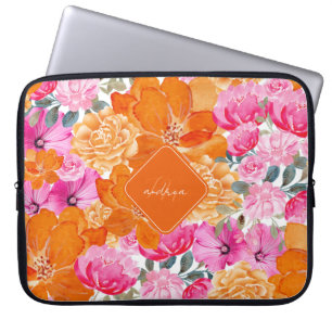 Housse Pour Ordinateur Portable Jardin d'été rose et orange vif Monogramme Fleur