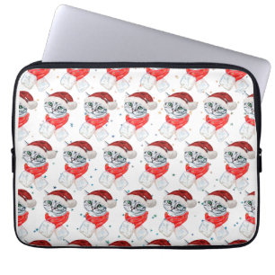 Housse Pour Ordinateur Portable Joli Chat Gris Tabby de Noël Aquarelle