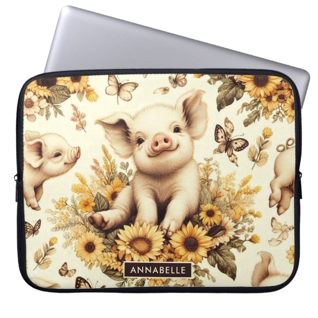 Housse Pour Ordinateur Portable Joli Motif de cochon de tournesol Vintage (Devant)