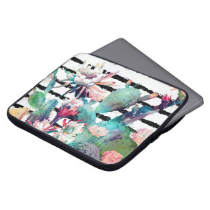 Housse Pour Ordinateur Portable Jolie aquarelle Cactus Floral Black Stripes