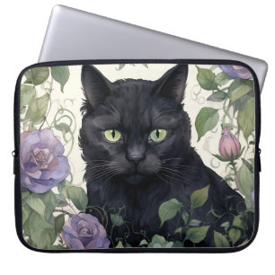 HOUSSE POUR ORDINATEUR PORTABLE JOLIE CHAT NOIR ENTOURÉ DE PLANTES & FLEURS