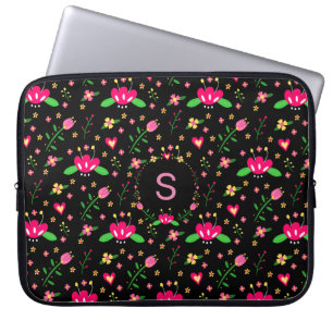 Housse Pour Ordinateur Portable Jolie fleurs roses sur monogramme noir