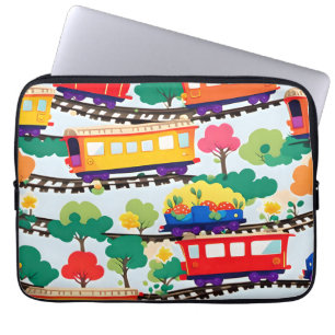 Housse Pour Ordinateur Portable Jolis trains et motif d'arbres bleu