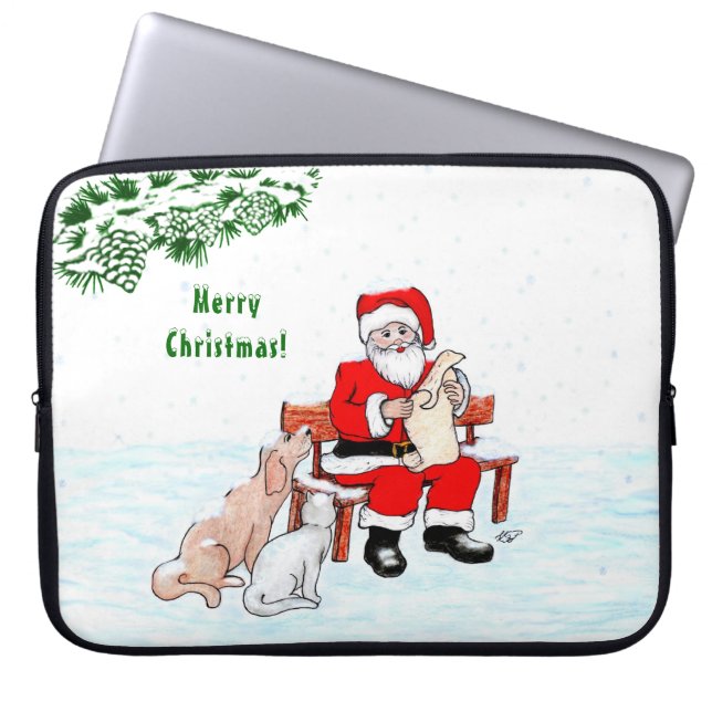 Housse Pour Ordinateur Portable Joyeux Noël! Père Noël avec chat et chien (Devant)