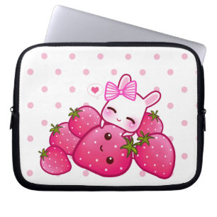 Housse Pour Ordinateur Portable Lapin rose mignon avec des fraises de kawaii