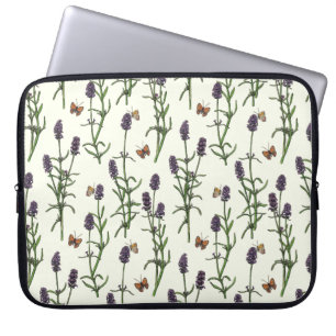 Housse Pour Ordinateur Portable Lavande et papillons sur blanc