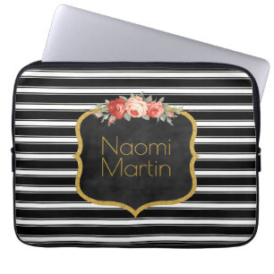 Housse Pour Ordinateur Portable Le blanc moderne de noir de monogramme barre l'or