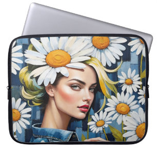 Housse Pour Ordinateur Portable Le visage de la femme avec les marguerites et les