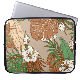 Housse Pour Ordinateur Portable Léopard fourrure tropicale feuille fleurs d'hibisc