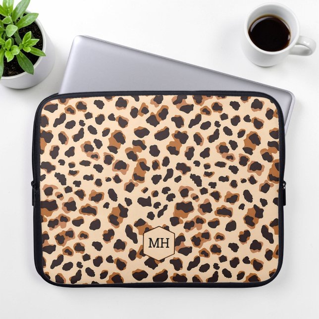 Housse Pour Ordinateur Portable Léopard Motif Monogramme Brown Chic Initiales (Leopard Pattern Monogram Brown Chic Initials Laptop Sleeve)
