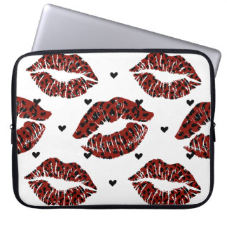 HOUSSE POUR ORDINATEUR PORTABLE LÈVRES LUMIÈRES ROUGES ET NOIR EN LEOPARD