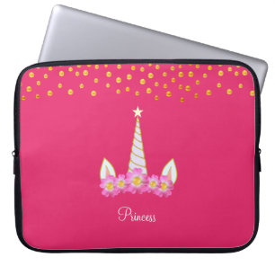 Housse Pour Ordinateur Portable Licorne, fleurs et confettis dorés sur rose