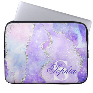 Housse Pour Ordinateur Portable Light Purple & Silver Faux Glitter Agate Monogram